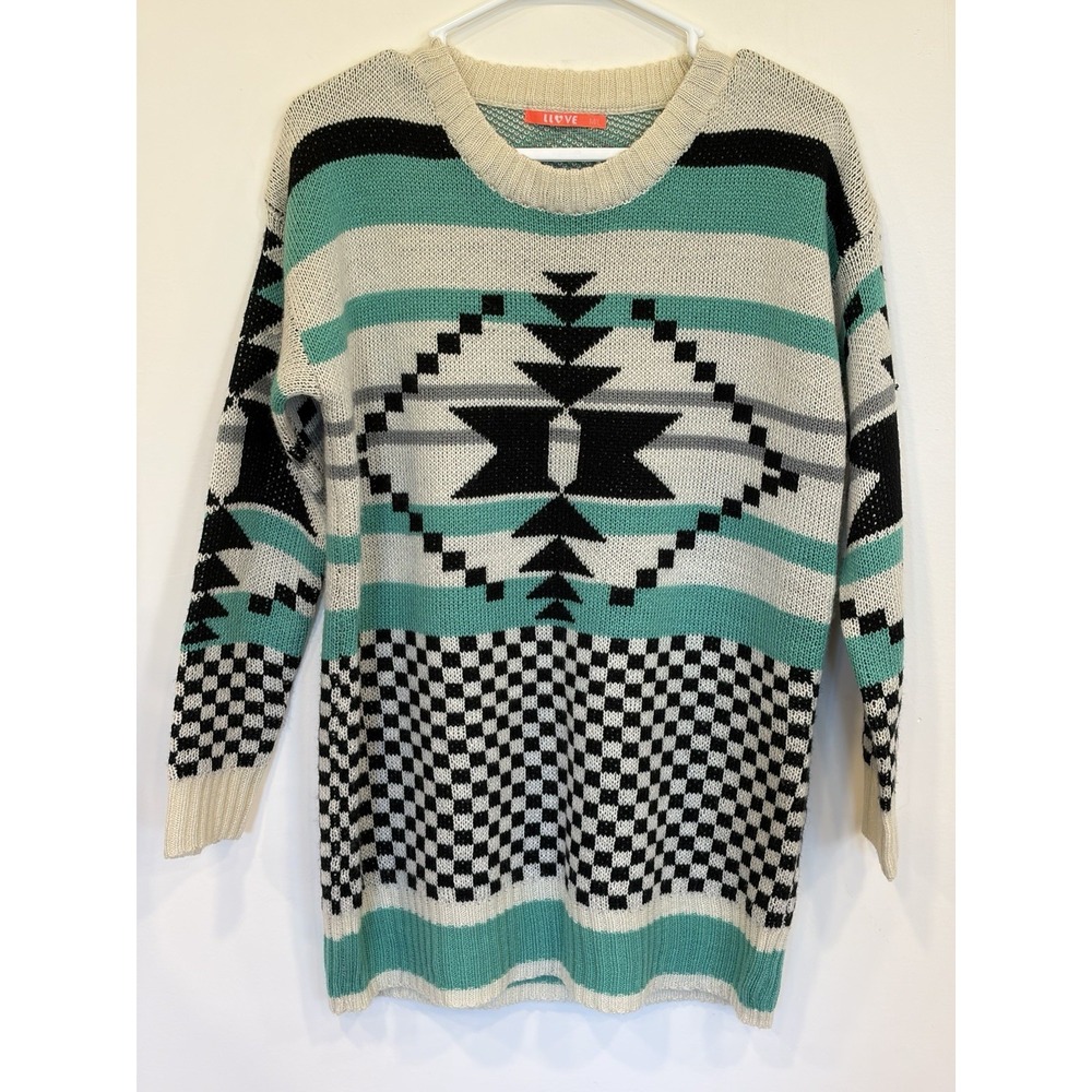 L Love Southwestern Aztec Geometric Crewneck Knit Sweater Teal Checkerboard M/L